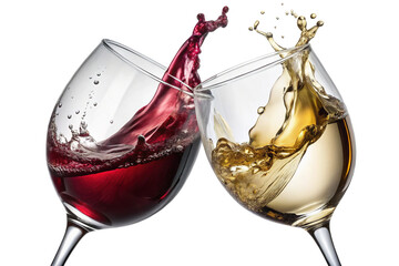 A toast with red and white wine glasses splashing and swirling