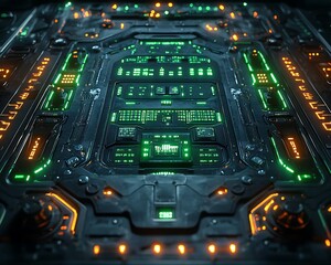 Illuminated computer panel showcasing futuristic technology and circuit boards