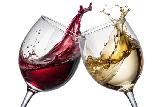 A toast with red and white wine glasses splashing and swirling