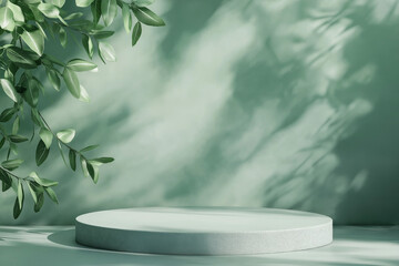 Shadowed leaves and a soft blur gradient on a green studio background with a podium for product display. A pastel green setting with an abstract floor texture, ideal for a summer or spring banner.