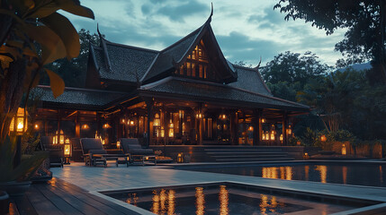 Obraz premium luxurious Thai Lanna style house with intricate carvings at dusk