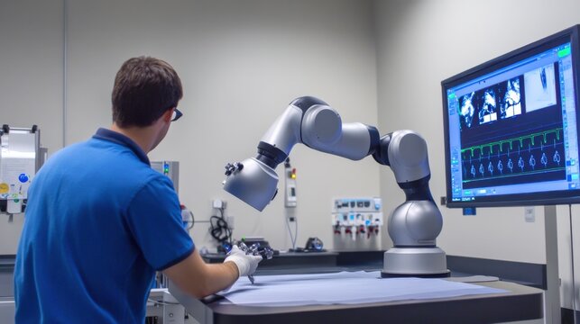 A robotics designer building surgical robots for precision medical procedures, hospital operating room with robotic arms and surgical data visible, High-tech style
