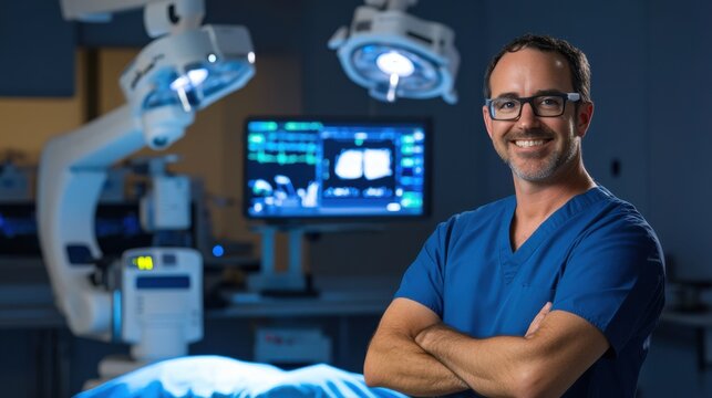 A robotics designer building surgical robots for precision medical procedures, hospital operating room with robotic arms and surgical data visible, High-tech style