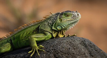 Obraz premium Green Iguana basking in sunlight atop dark rock formation under clear skies