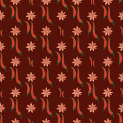 A pattern of peppers and flowers on a brown background