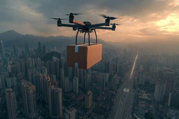 An energetic high-definition aerial image of a drone transporting an industrial box over the city,