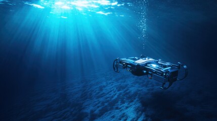 A robotics designer developing autonomous underwater drones for ocean exploration, underwater environment with drones and marine data visible, High-tech style