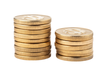 Two stacks of gold bitcoin coins on white background, cut out