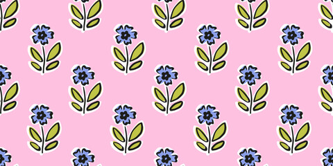 Hand drawn floral block print seamless pattern. Trendy retro blue daisy flower botanical vector background. Boho, beach, Indian traditional textile design. © Radiocat