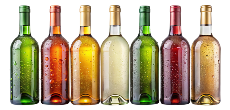 Collection of Colorful Wine Bottles Covered in Water Droplets on transparent  Background