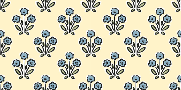 Hand drawn floral block print seamless pattern. Trendy retro blue daisy flower botanical vector background. Boho, beach, Indian traditional textile design.