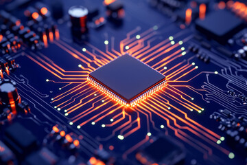A hyper-realistic microcontroller chip illustration featuring a central cube-shaped core surrounded