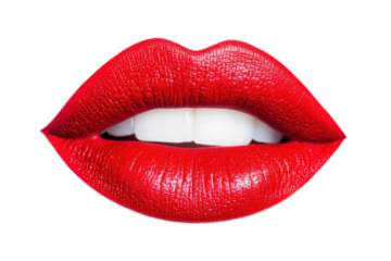 Bright red glossy lips with perfect white teeth on black background, cut out