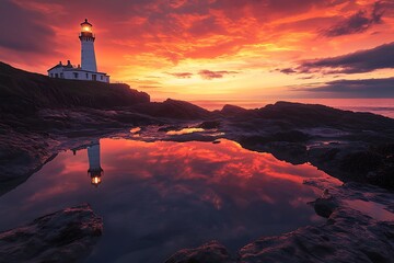 Majestic Lighthouse Standing Against a Fiery Orange Sunset.