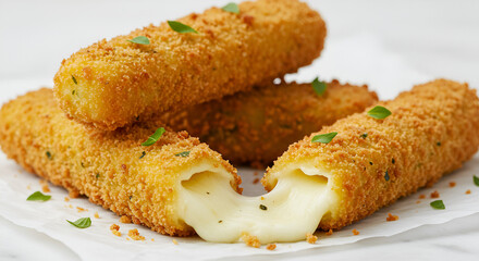  golden brown mozzarella sticks with a crispy, textured breadcrumb coating
