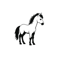 A minimalistic black and white vector illustration of a baby horse with drooping ears and a frown on a clean white background