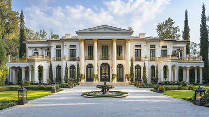 Fototapeta premium Luxurious white columned mansion with gold accents and lush gardens