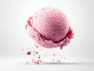 A single scoop of a bright pink strawberry ice cream floats in the air with crumbs falling off against a white backdrop. Sweet treat!