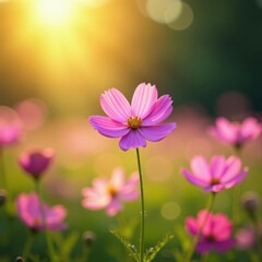 Fototapeta premium Vibrant purple cosmos dance in a sunlit field, petals gently moving , wallpaper, flower