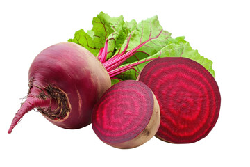 Freshly sliced beets with leaves on black background, cut out