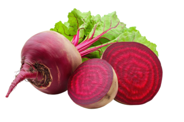 Freshly sliced beets with leaves on black background, cut out