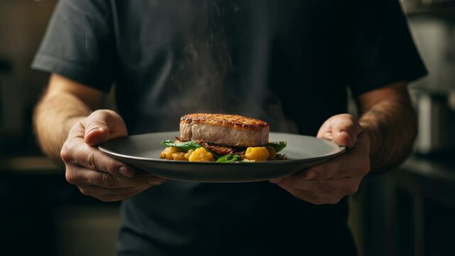 Man in dark shirt presenting steaming hot meat dish with vegetables on plate, highlighting freshness, warmth and delicious comfort food in restaurant setting