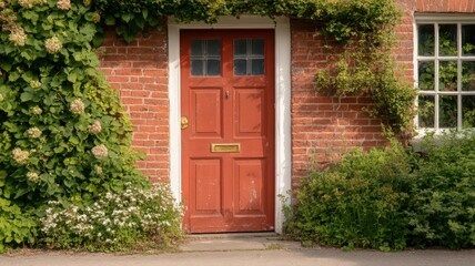 Red Wooden Door on Brick House with Lush Greenery