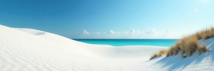 Fototapeta premium White sand dunes meet turquoise sea, sunlit scene, desert, water, holiday