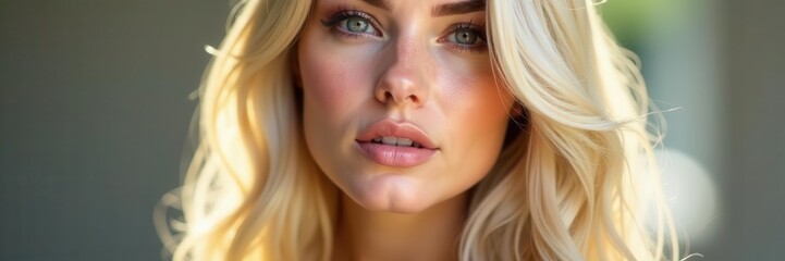 Obraz premium Ultra-smooth, bleached blonde locks, reflective highlights, pristine texture, beauty shot, care, styling