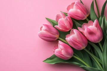 Fototapeta premium Beautiful bouquet of pink tulips arranged on a pastel background