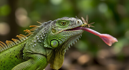 Obraz premium Green iguana with its tongue catching a flying insect in a tropical jungle