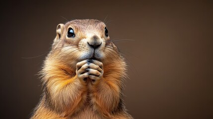 A lovely close-up of a squirrel holding its food, beautifully capturing its charming expressions along with the shimmering details of its fluffy fur against a neutral background.