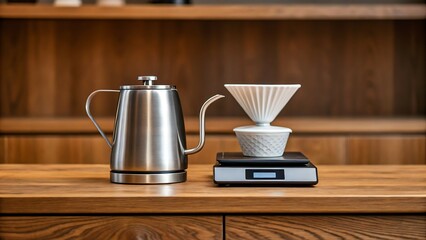 Coffee Culture Sustainable Japan style, Stylish coffee setup with a kettle, dripper, and scale on a wooden counter.