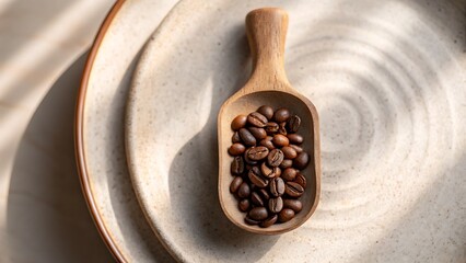 Obraz premium Coffee Culture Sustainable Japan style, A wooden scoop filled with coffee beans on textured ceramic plates.
