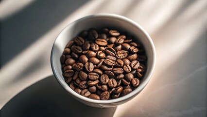 Fototapeta premium Coffee Culture Sustainable Japan style, Bowl of coffee beans with soft sunlight creating shadows.