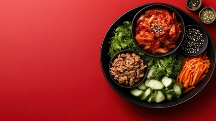 A visually appealing dish of kimchi paired with assorted fresh greens and vegetables, adorned with spices that enhance its vibrant colors against a stunning red background.