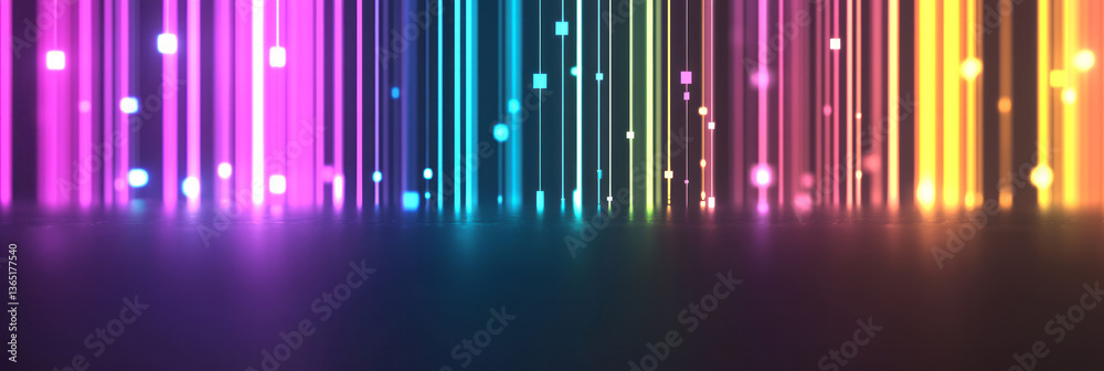 Poster a high-tech digital background featuring luminous vertical lines in multiple colors with pixelated