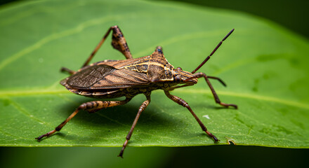 Detailed macro photograph showcasing a Leaffooted bug resting on vibrant green foliage