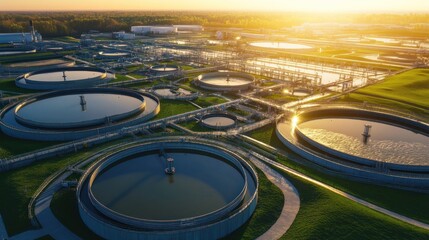 Aerial View of Modern Wastewater Treatment Plant at Sunset