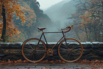 Obraz premium Vintage bicycle rests on a stone wall overlooking an autumnal landscape shrouded in mist.