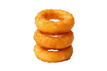 Golden crispy stack of three onion rings on black background, cut out