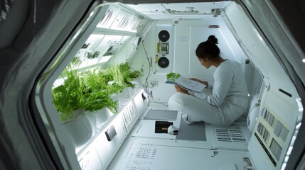 A space habitat designer developing sustainable living systems for long term space missions, space station mockup with life support systems, energy generation tools