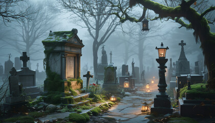 Fototapeta premium Halloween product display background podium, Creepy Graveyard Night, weathered stone, cracked and covered in creeping moss, misty graveyard, twisted tree, ghostly setting, ad, podium platform