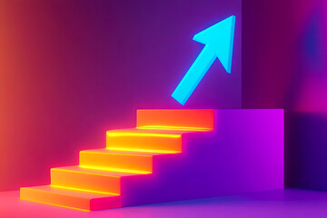 Obraz premium Neon Stairs with Upward Arrow