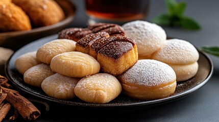 A visually appealing display of assorted pastries beautifully arranged on a plate, creating an inviting atmosphere for sweet indulgence and culinary delight.