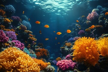 Vibrant Coral Reef Teeming With Life Showcases Colorful Fish Among Intricate Marine Plants in a Serene Underwater World