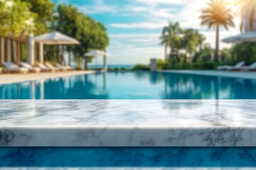 Fototapeta premium white marble top with blurred empty Swimming pool background can be used for mocking up or display product to make advertising.