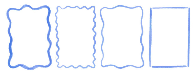 Rectangular frame with scalloped edges. Set of drawing wavy elegant outline frame in watercolor style