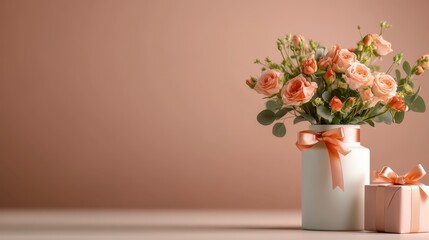 Fototapeta premium A stunning ensemble of peach roses in a modern vase next to a beautifully wrapped gift, ideal for conveying love and appreciation in a delightful, creative setting.
