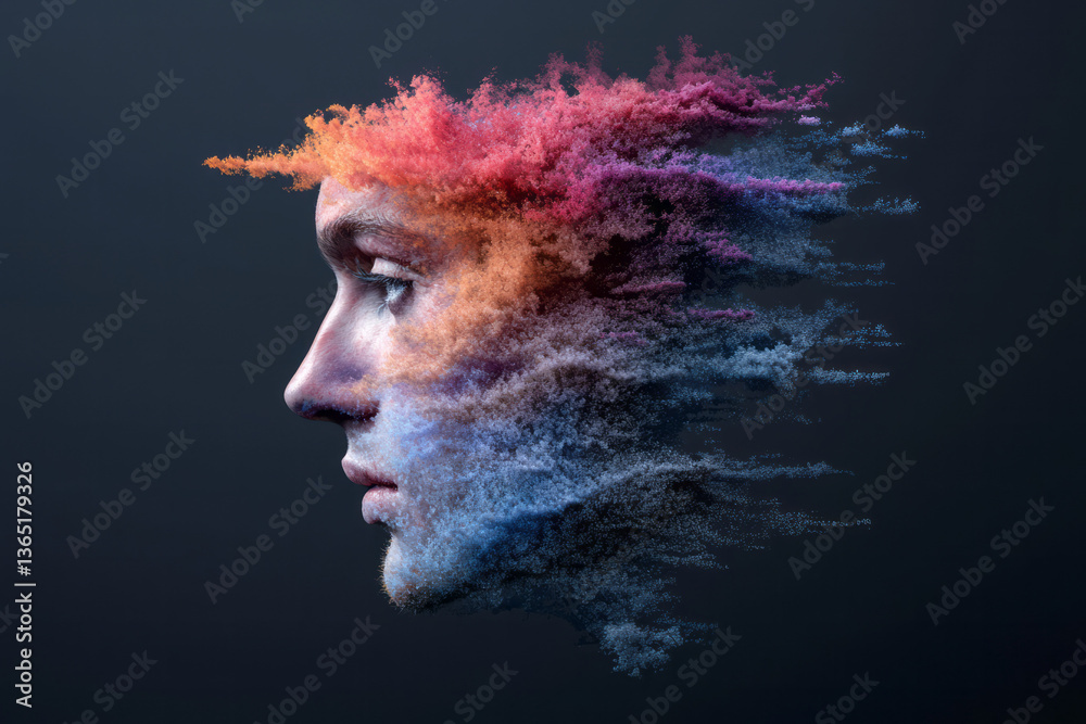 Poster a dynamic 3d digital art depiction of a human, merging vibrant colors and modern vector elements on